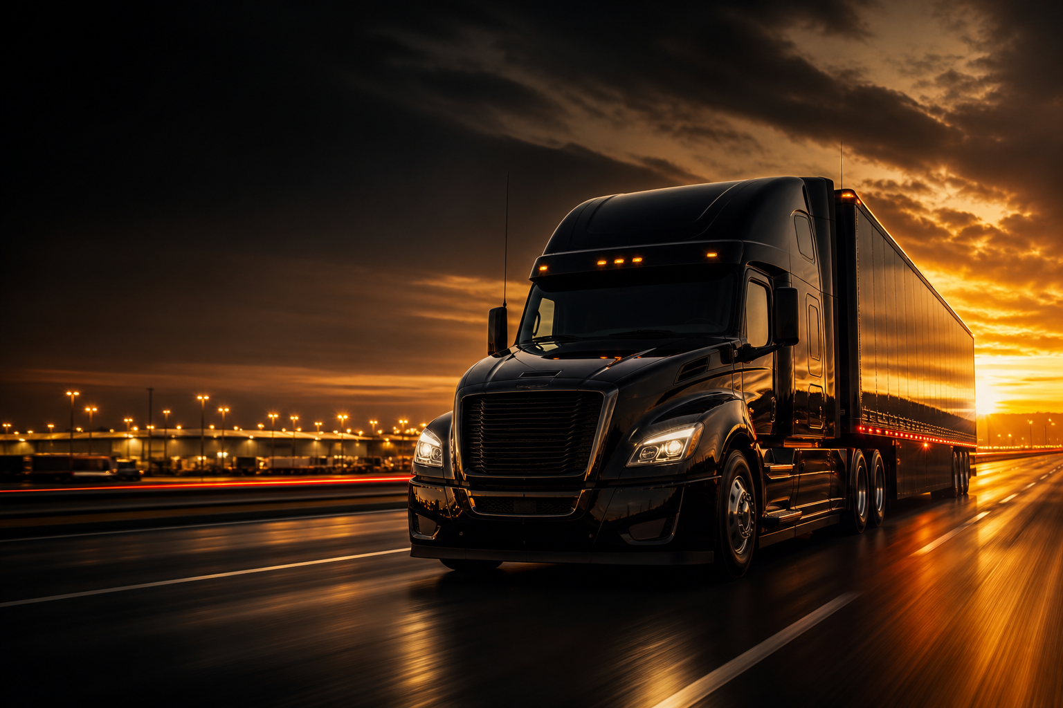 Modern black semi-truck moving forward on the highway